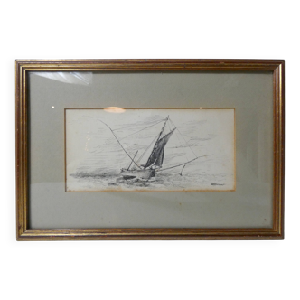 Antique ink drawing on paper, sailboat at sea, signed and framed.