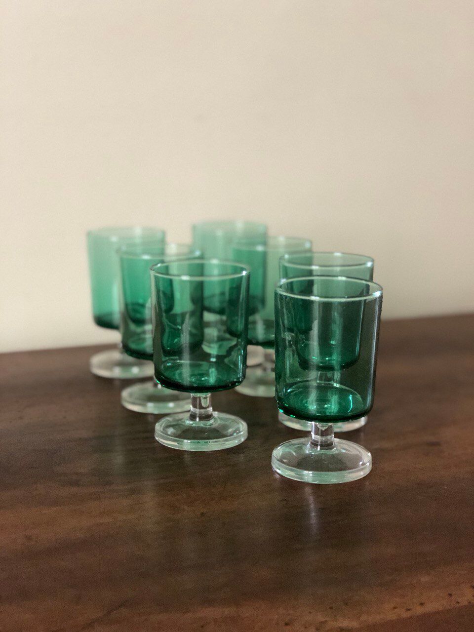 Set of 7 green glasses made in France