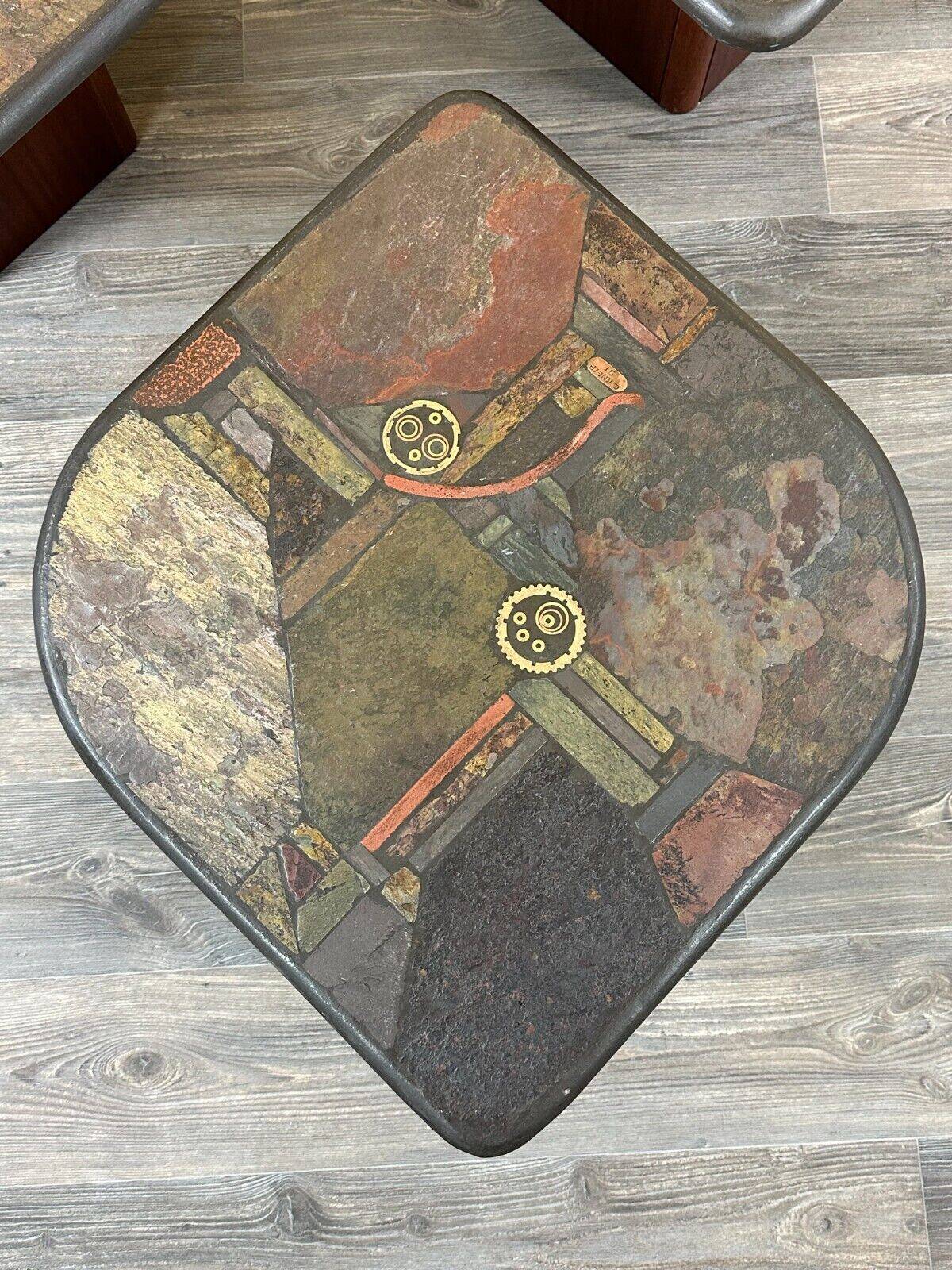 90s set of 3 brutal coffee tables with mosaic by Paul Kingma for Kneip