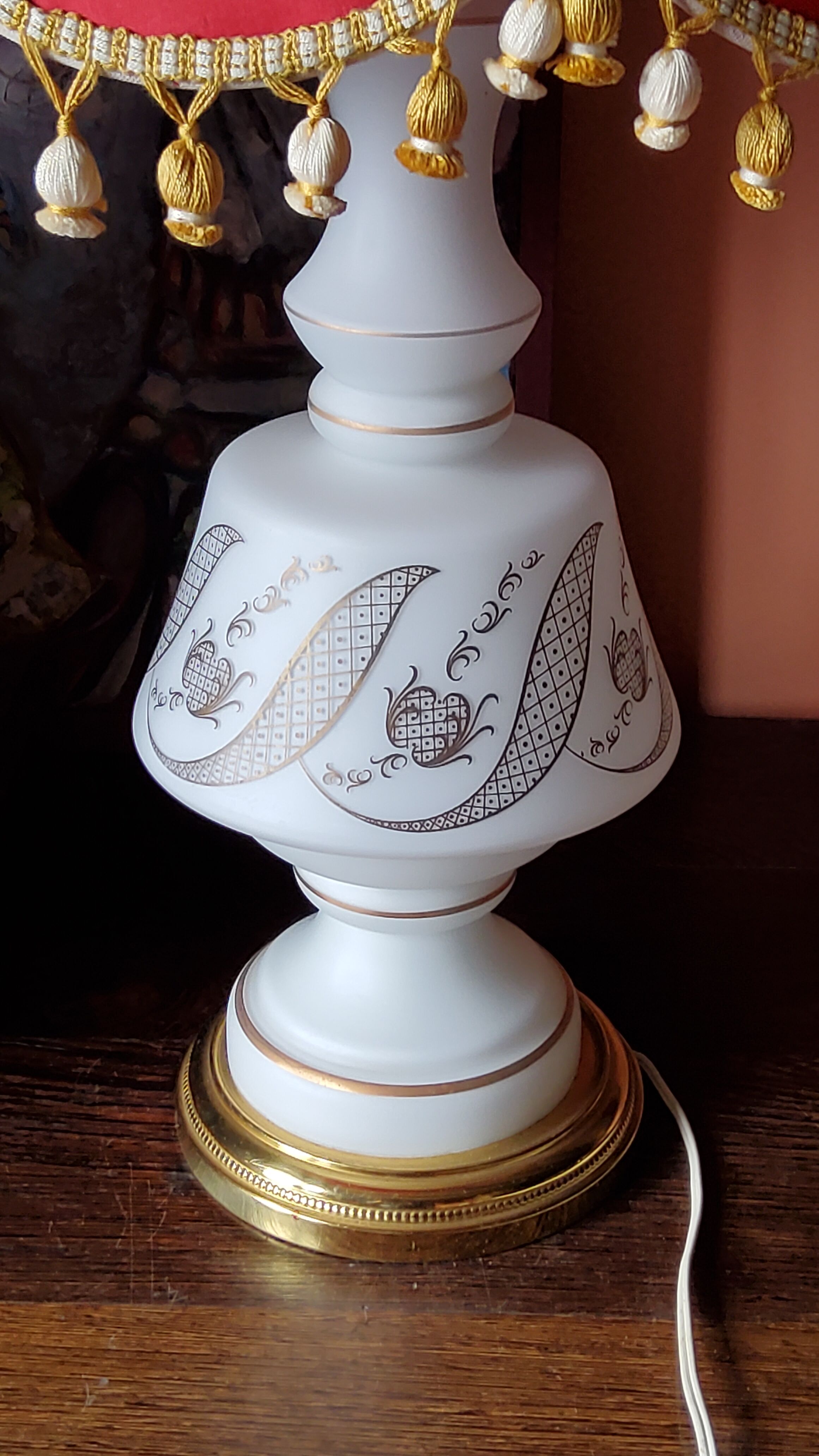 Vintage lamp of the 50s in white and golden opaline glass lampshade in red satin 75cm