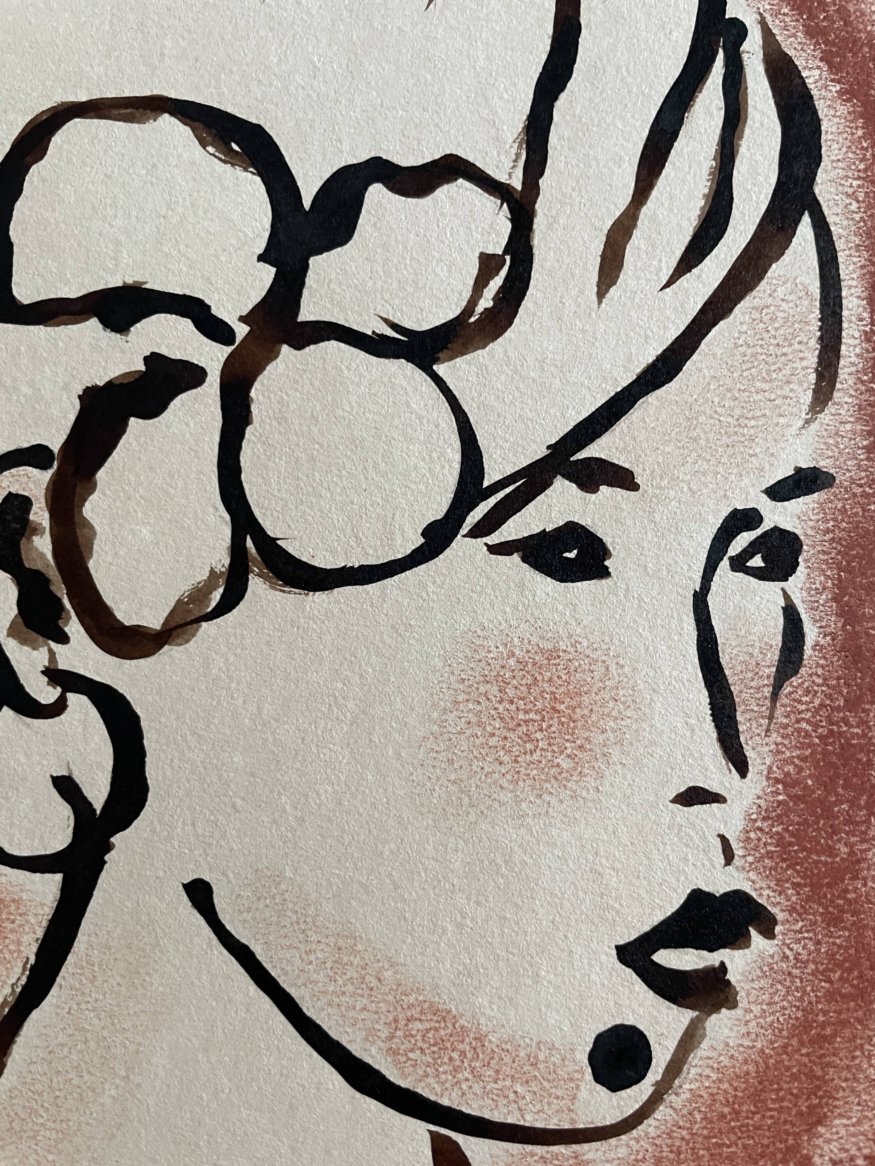 Signed painting in Indian ink and pastel, female portrait “study with a curl”