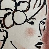 Signed painting in Indian ink and pastel, female portrait “study with a curl”