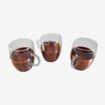 Trois tasses à thé en verre et coque cuivrée par Schott / vintage années 60-70