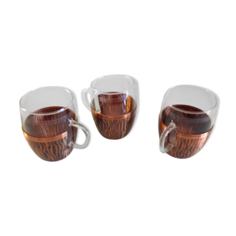 Three glass tea cups and copper shell by Schott / vintage 60s-70s