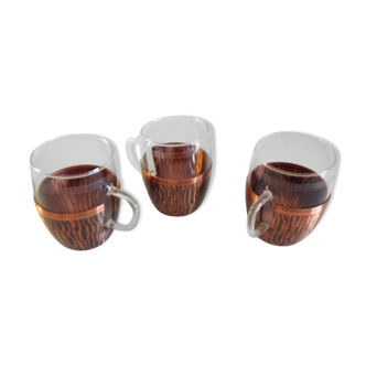 Trois tasses à thé en verre et coque cuivrée par Schott / vintage années 60-70