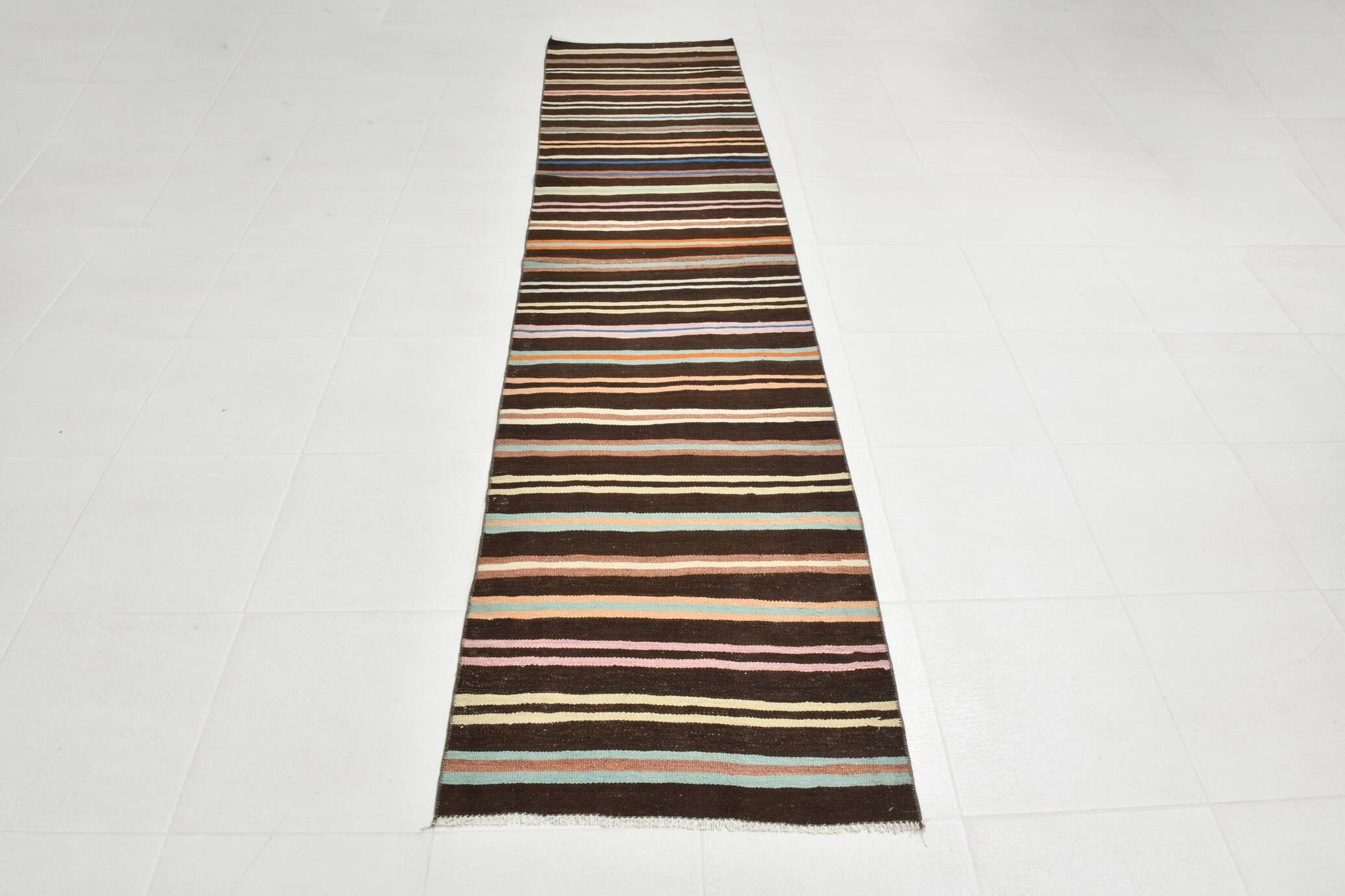 Striped Pattern Brown Kilim Runner Rug, 75x315Cm