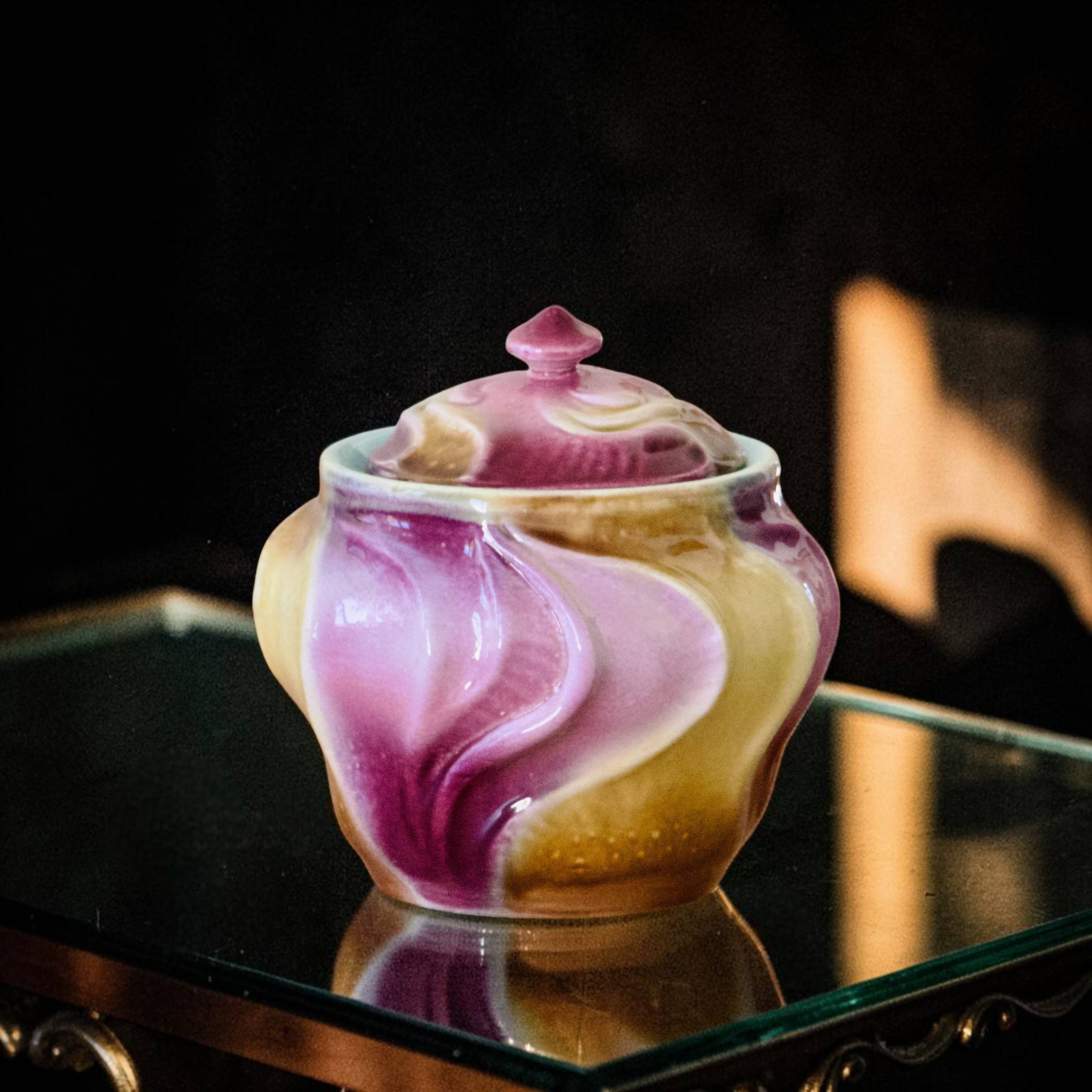Antique tobacco pot from the Art Nouveau period signed Sarreguemines, in majolica.