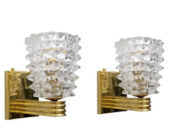 Barovier & Toso Art Dèco Style Brass and Rostrato Murano Glass Sconces, Pair