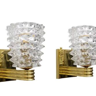 2 appliques de style Art Déco Barovier & Toso en laiton et verre de Murano Rostrato
