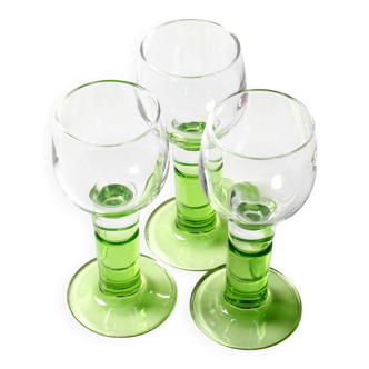 Set of 3 Vintage Limoncino Liqueur Glasses, Green Stem Shot Stemware / 1970