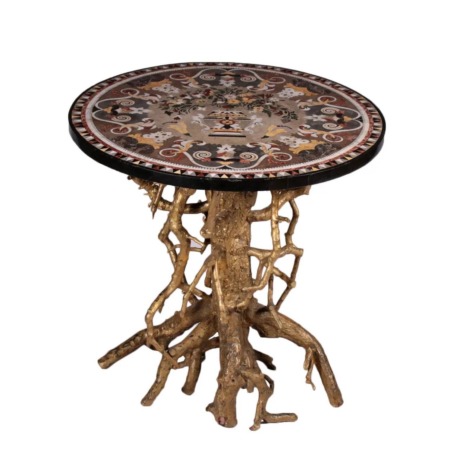 Napolitan marquetry round table, gilded, Italy, 19th century