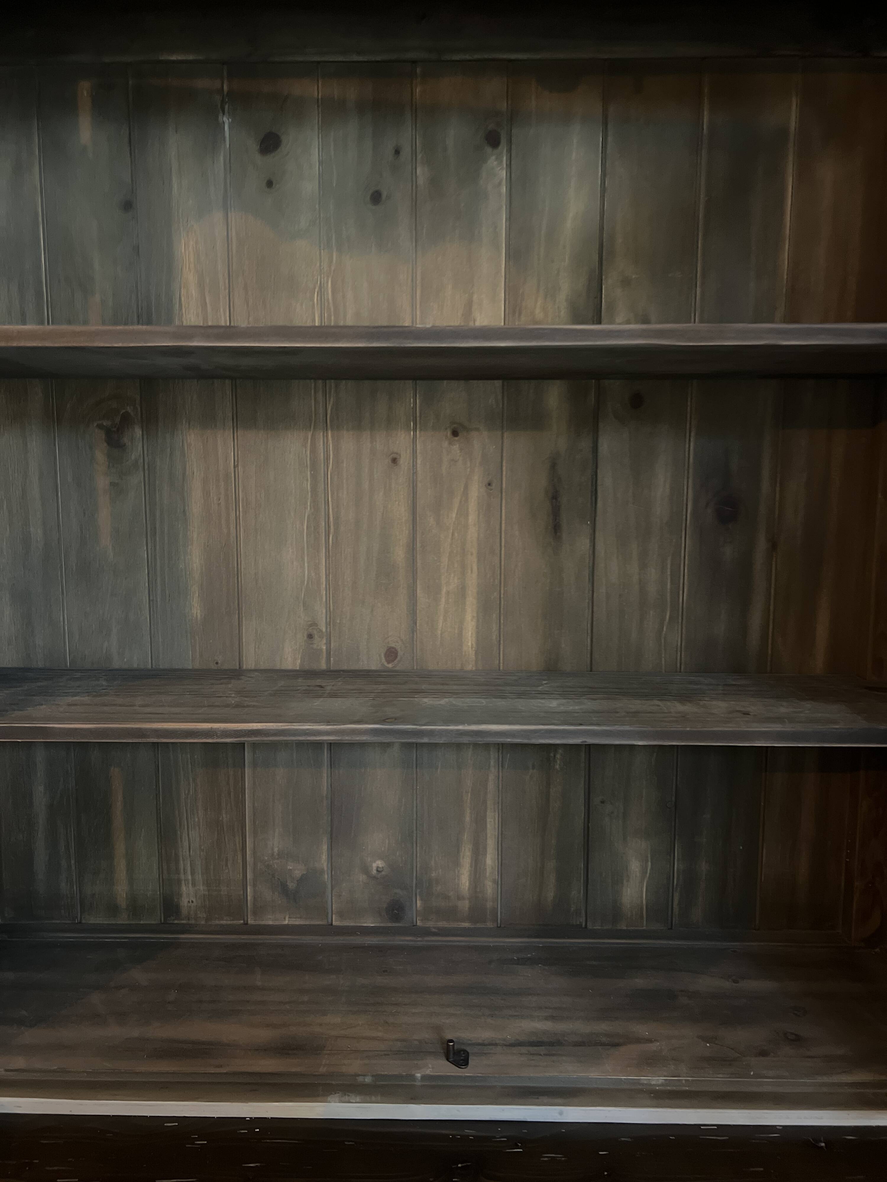 Charming vintage display cabinet in greige solid wood, castle charm.