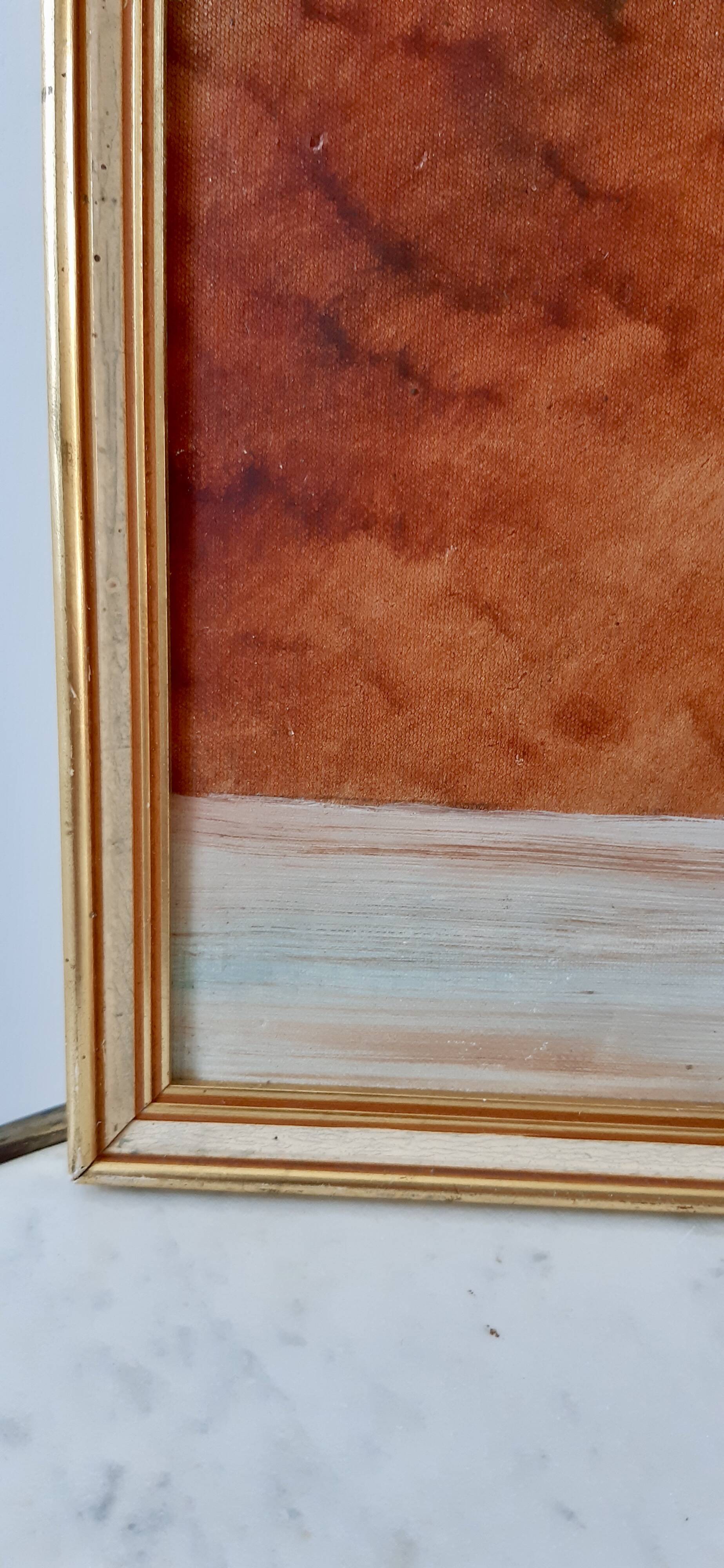 Painting / oil on cardboard framed vintage 50s