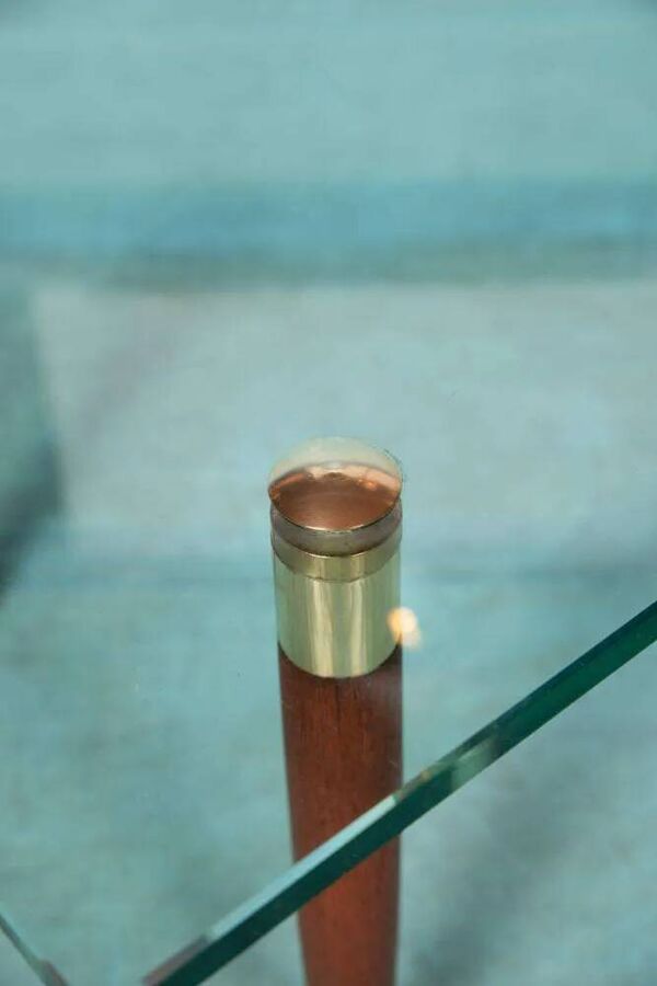 Table basse vintage verre teck laiton, table basse midmod