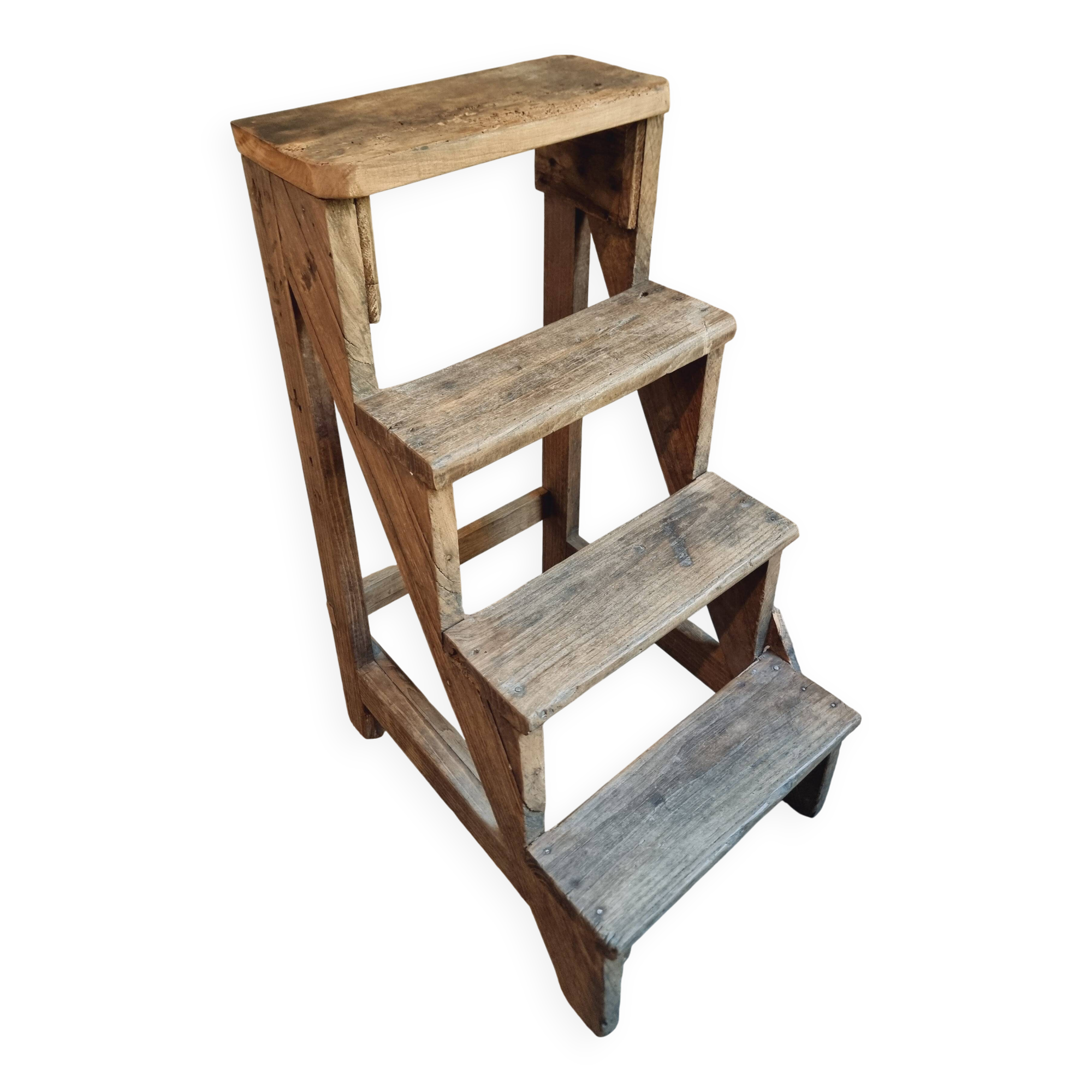 Antique chestnut wood workshop stepladder – France, early 1900s
