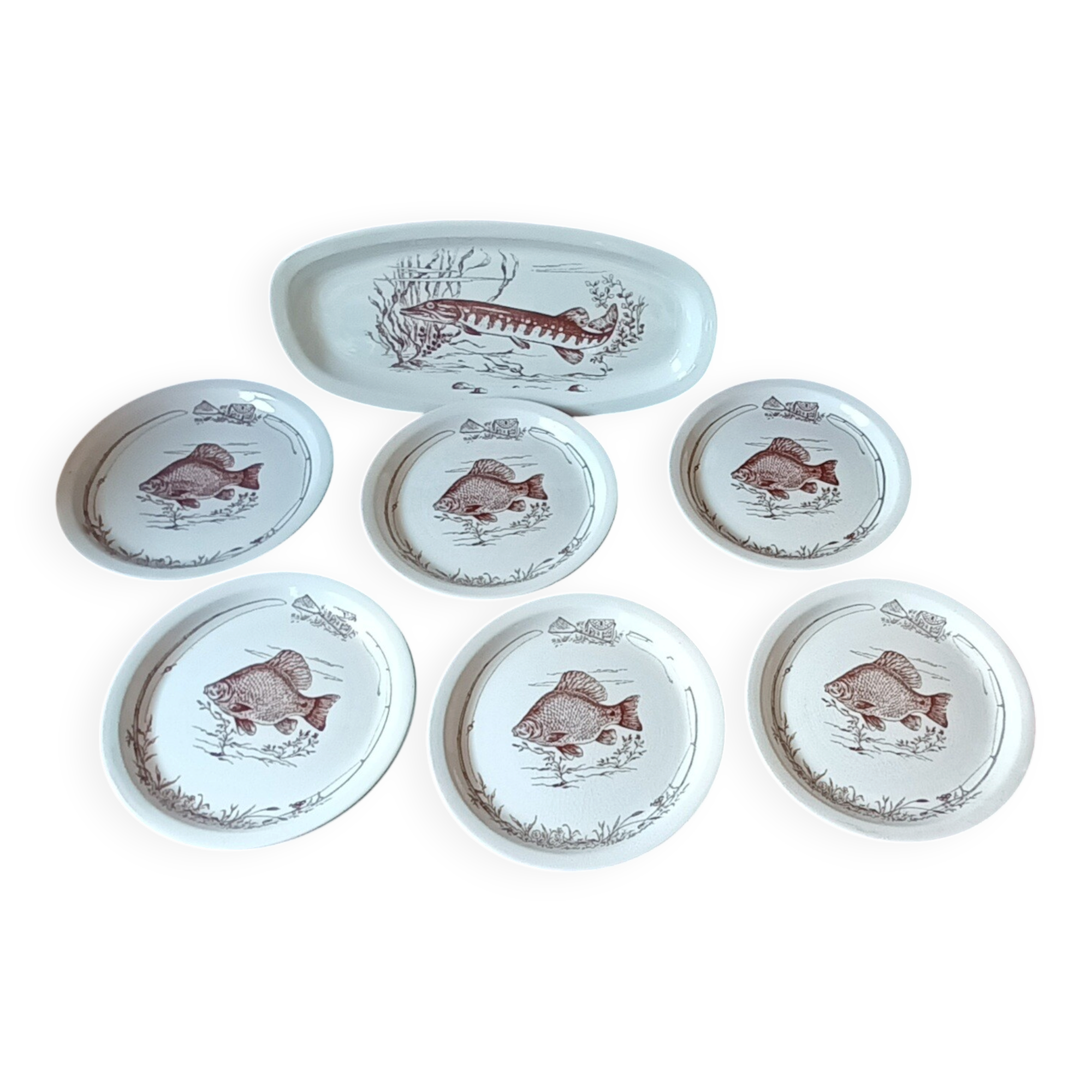 Flat fish service and 6 plates - Gien earthenware