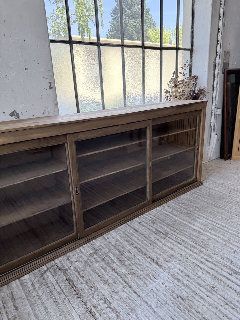 XXL 3m pine and oak display cabinet with glass doors