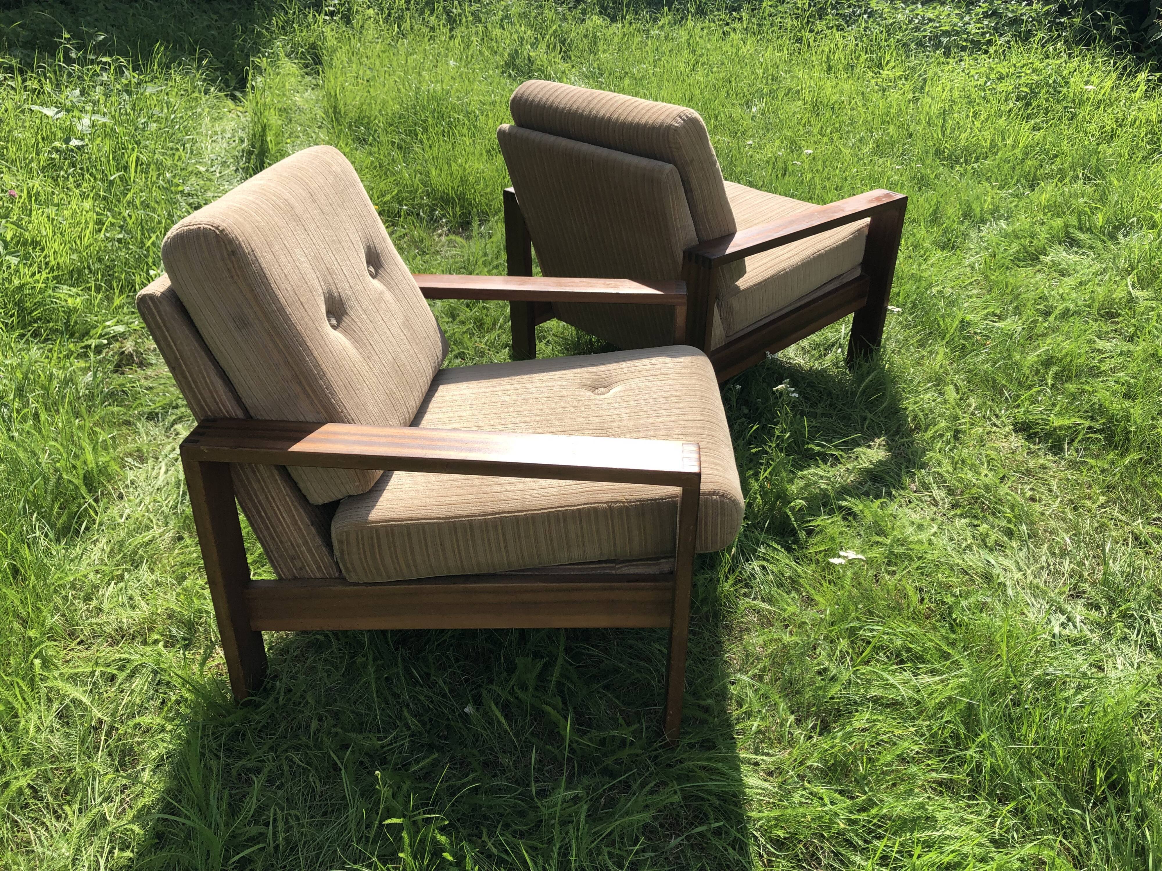 Pair of vintage beige velvet armchairs 60s