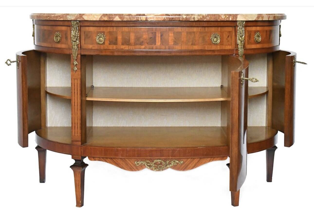 Louis XVI style half-moon marble marquetry sideboard