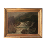 Cascade dans les Alpes, HST signée, 40 x 56,5 cm, Magaud (XIX)
