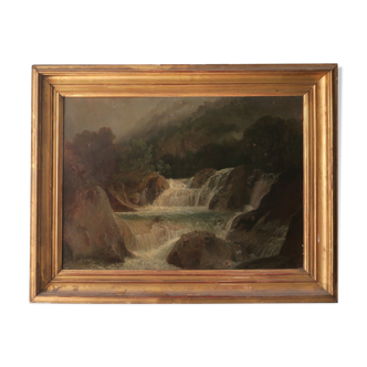 Cascade dans les Alpes, HST signée, 40 x 56,5 cm, Magaud (XIX)