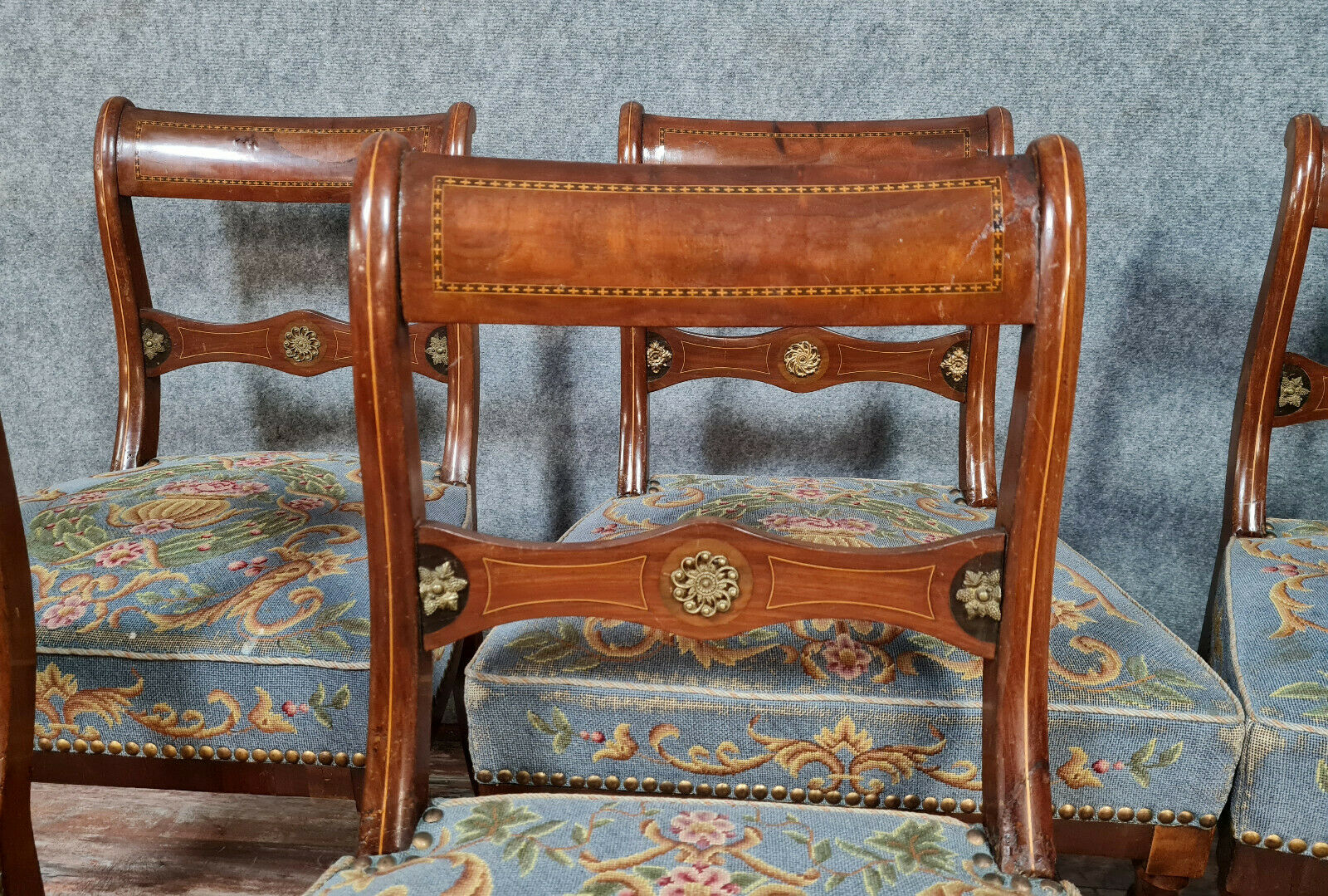 Series of 6 Napoleon III period chairs in mahogany and lemon fillets