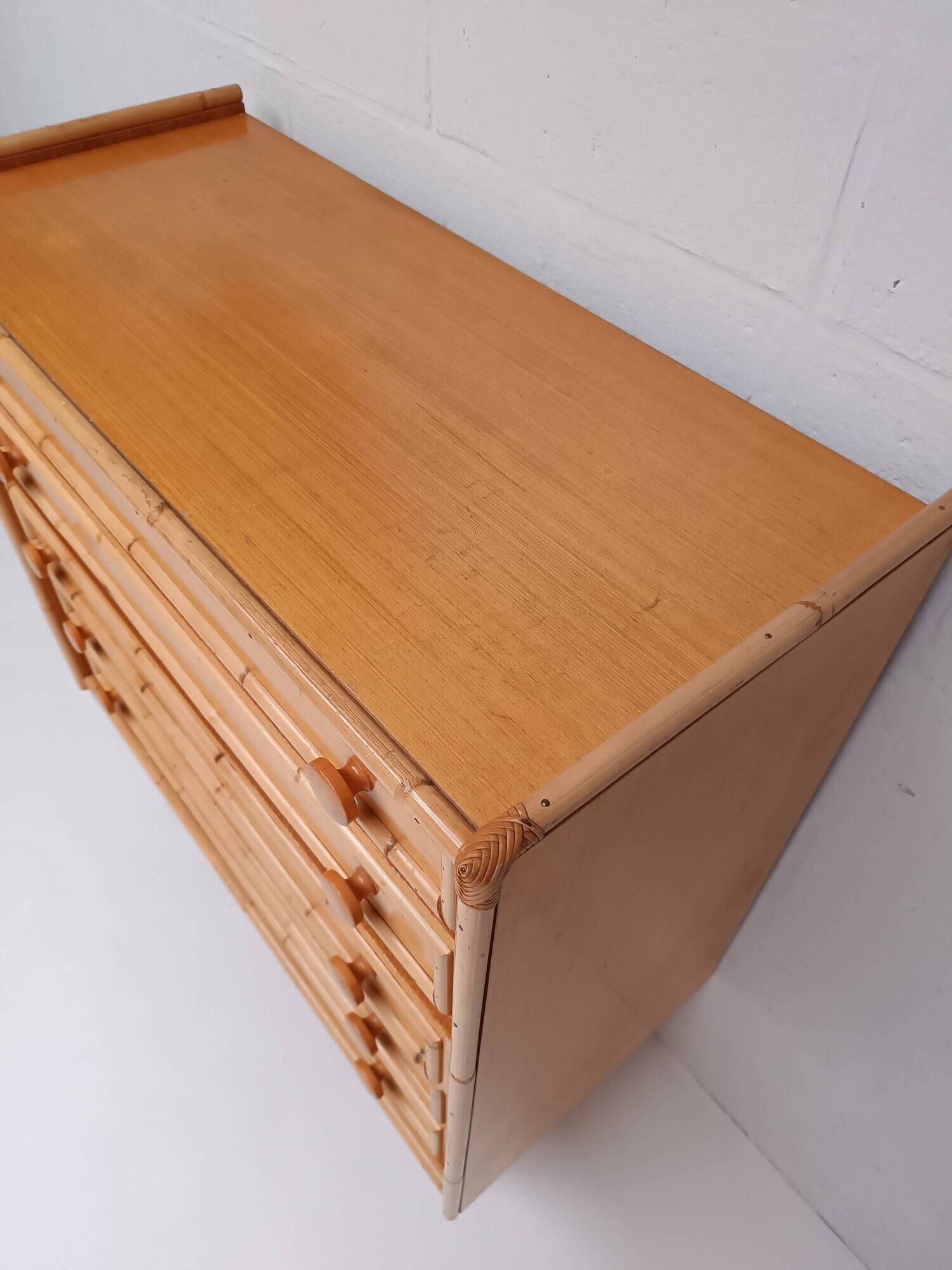 Bamboo and rattan wood chest of drawers from the 60s