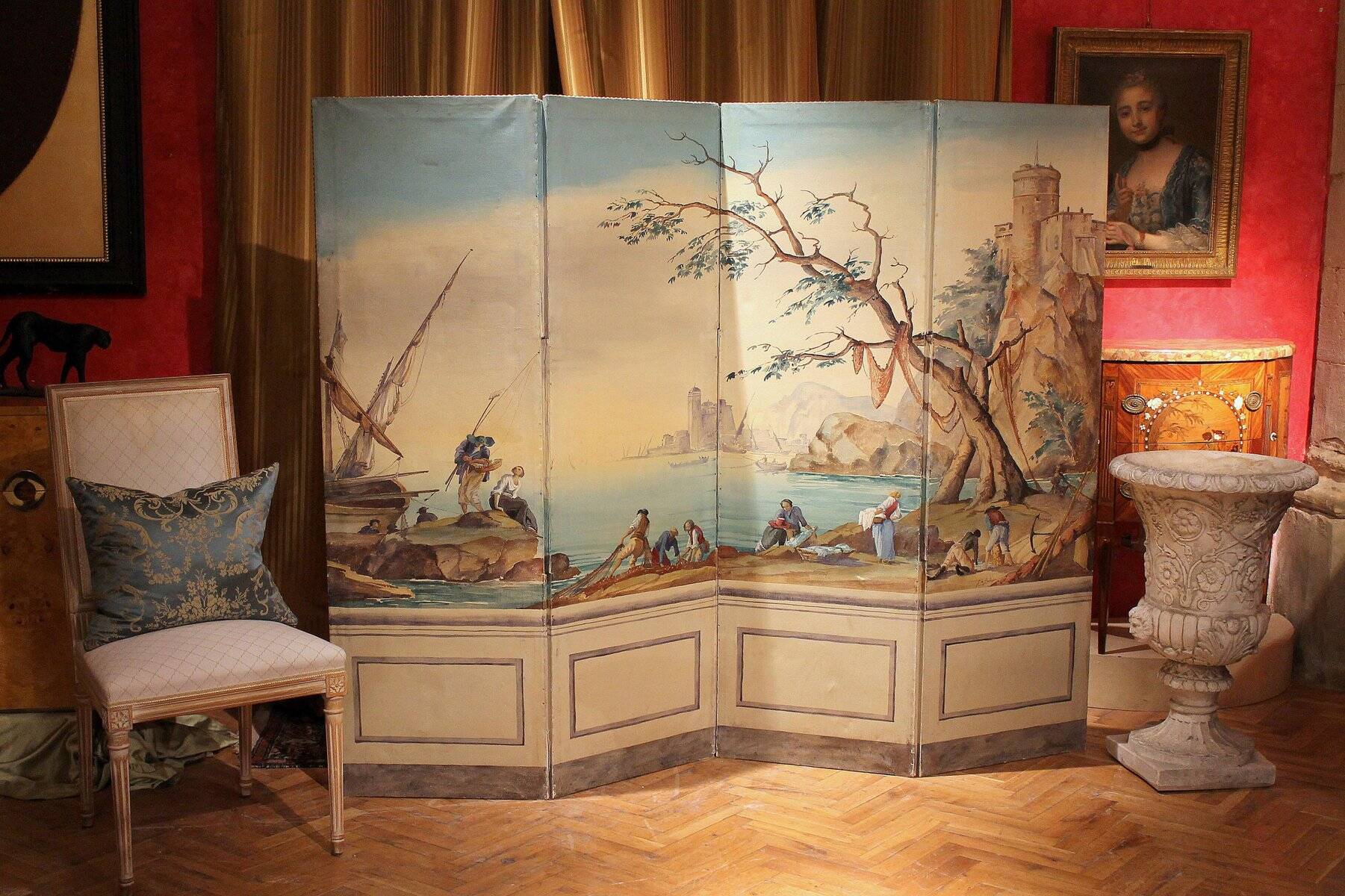 Early 20th Century French Tempera on Canvas Folding Screen with Seascape View