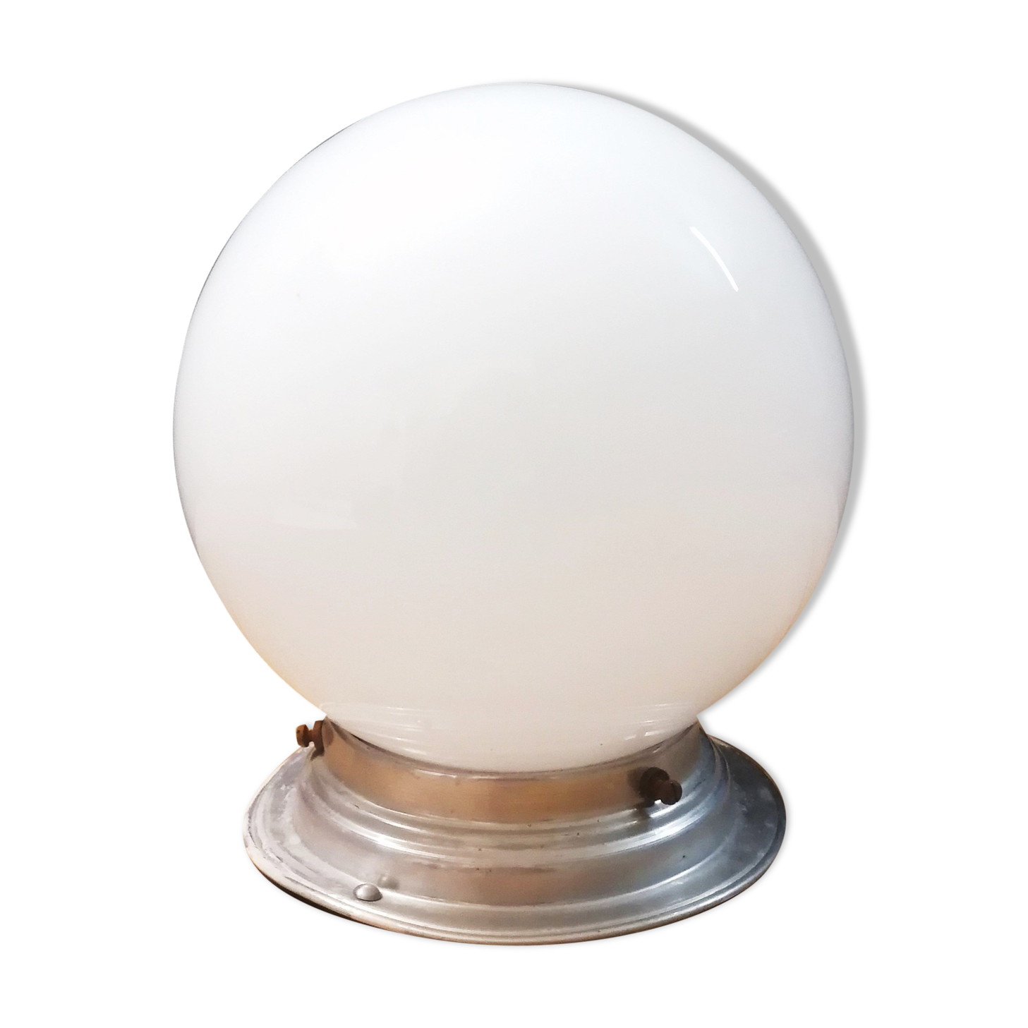 Art deco ceiling lamp, globe white opaline, 15 cm, circa 1940