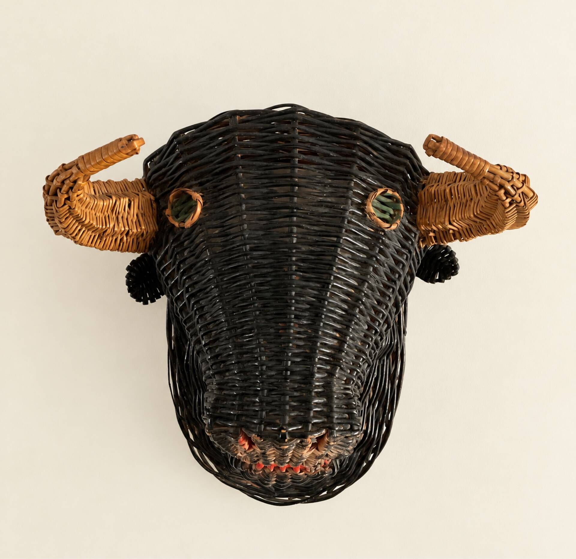 Rare polychrome wicker bull's head trophy, circa 1950.