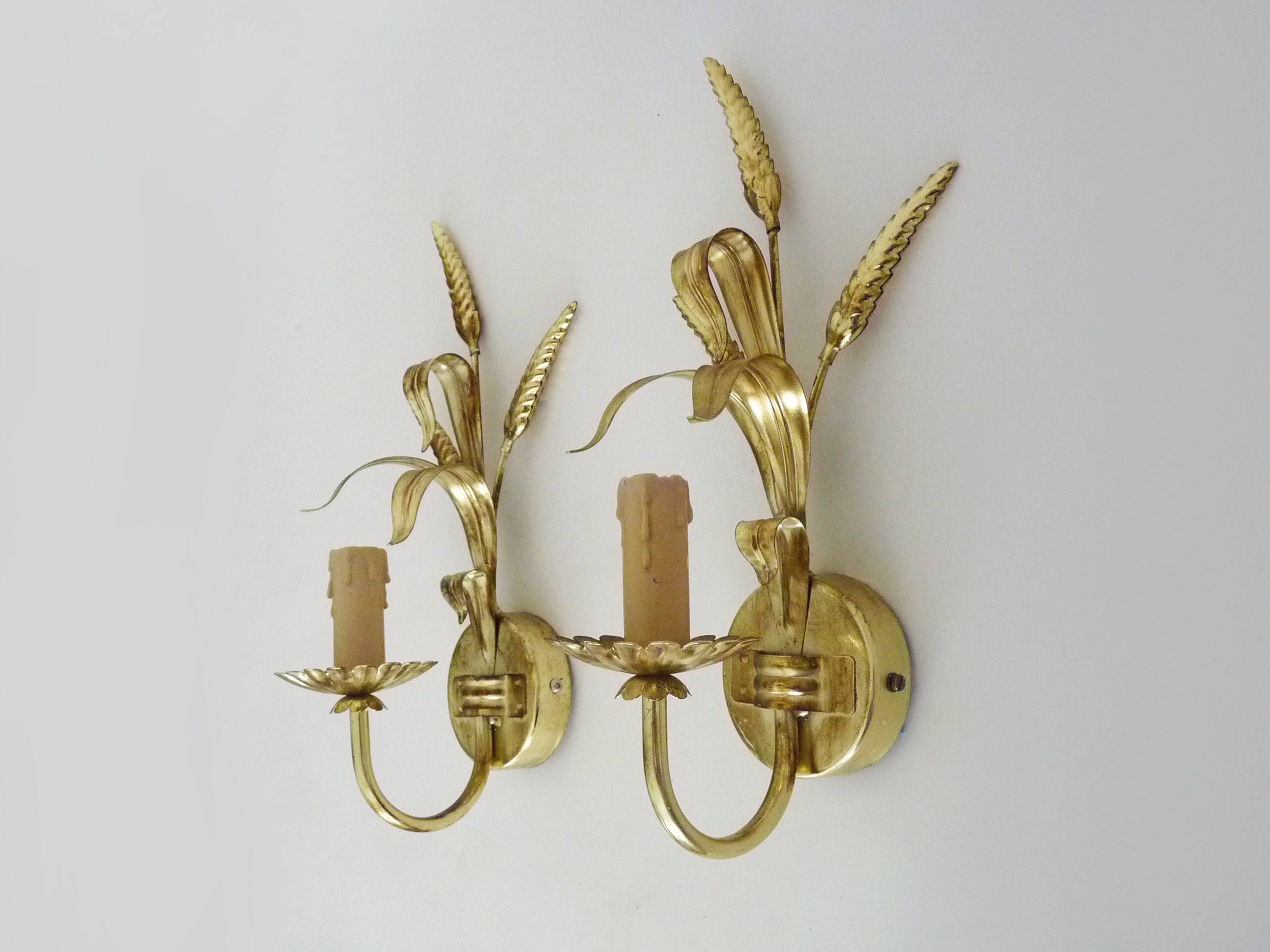 Pair of vintage golden wheat ear wall sconces Maison Masca Florence