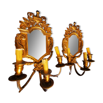 Pair of chissed and gilded bronze mirrors forming appliques