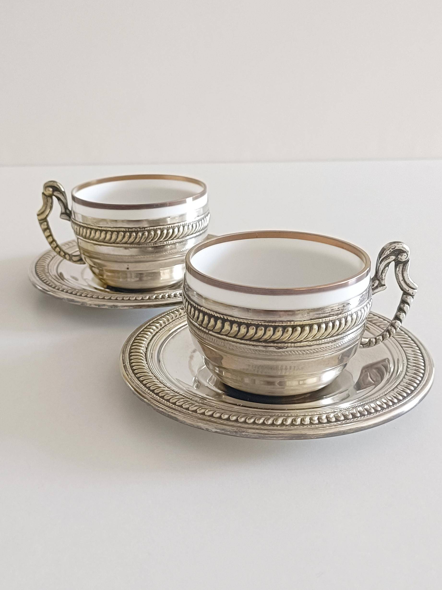 Victorian Alpaca Silver Tea or Coffee Pair of Cups and Plates, England 19th C.