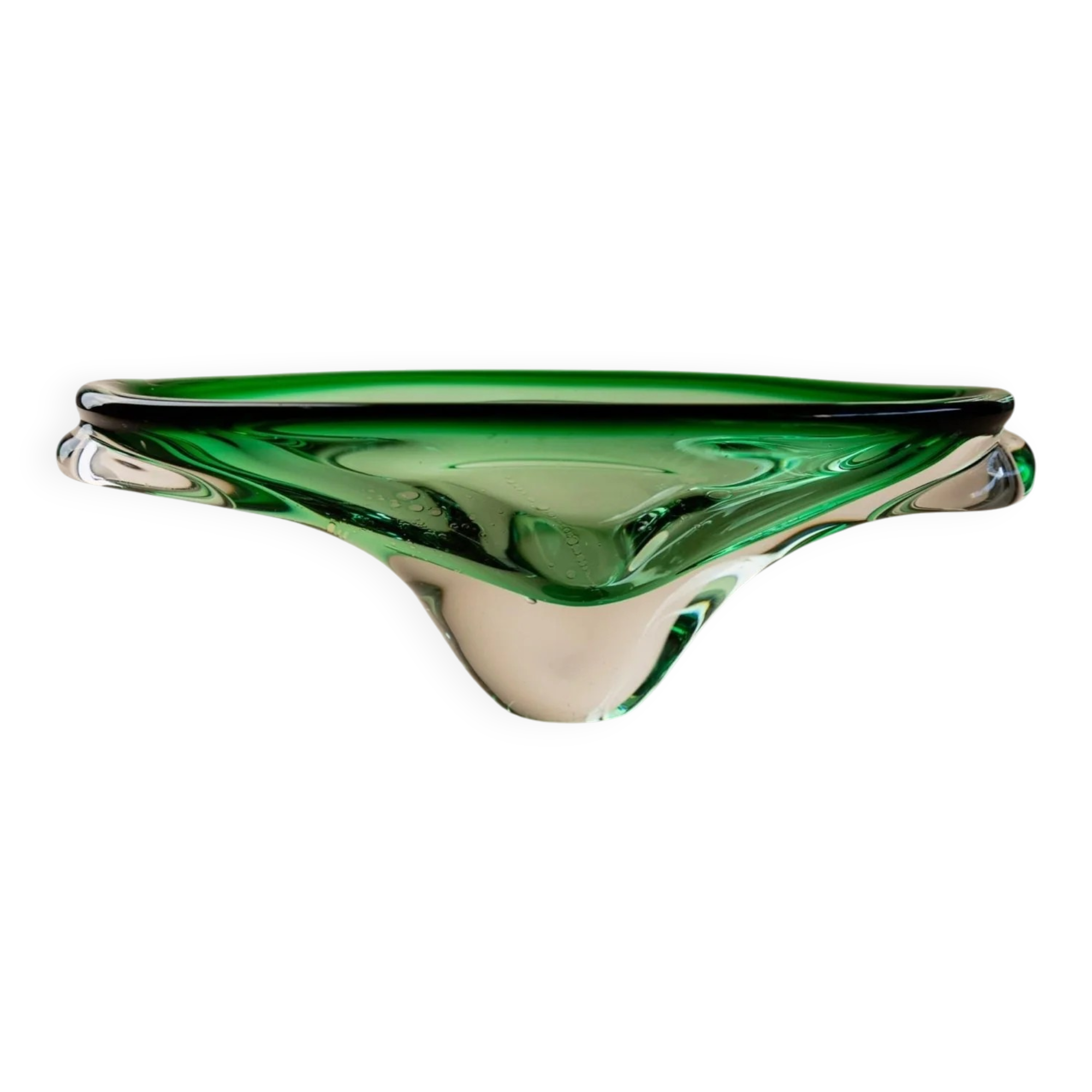 Green Murano Glass Bowl, Hand-Blown Italian 1970s Vide Poche with Organic Shape