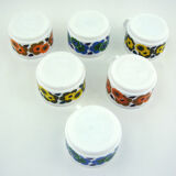 6 cups lotus arcopal france - orange, blue and yellow pop flower patterns - vintage 70s