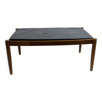 Table basse moderne du milieu du siècle, chêne et schiste