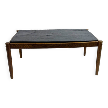 Table basse moderne du milieu du siècle, chêne et schiste