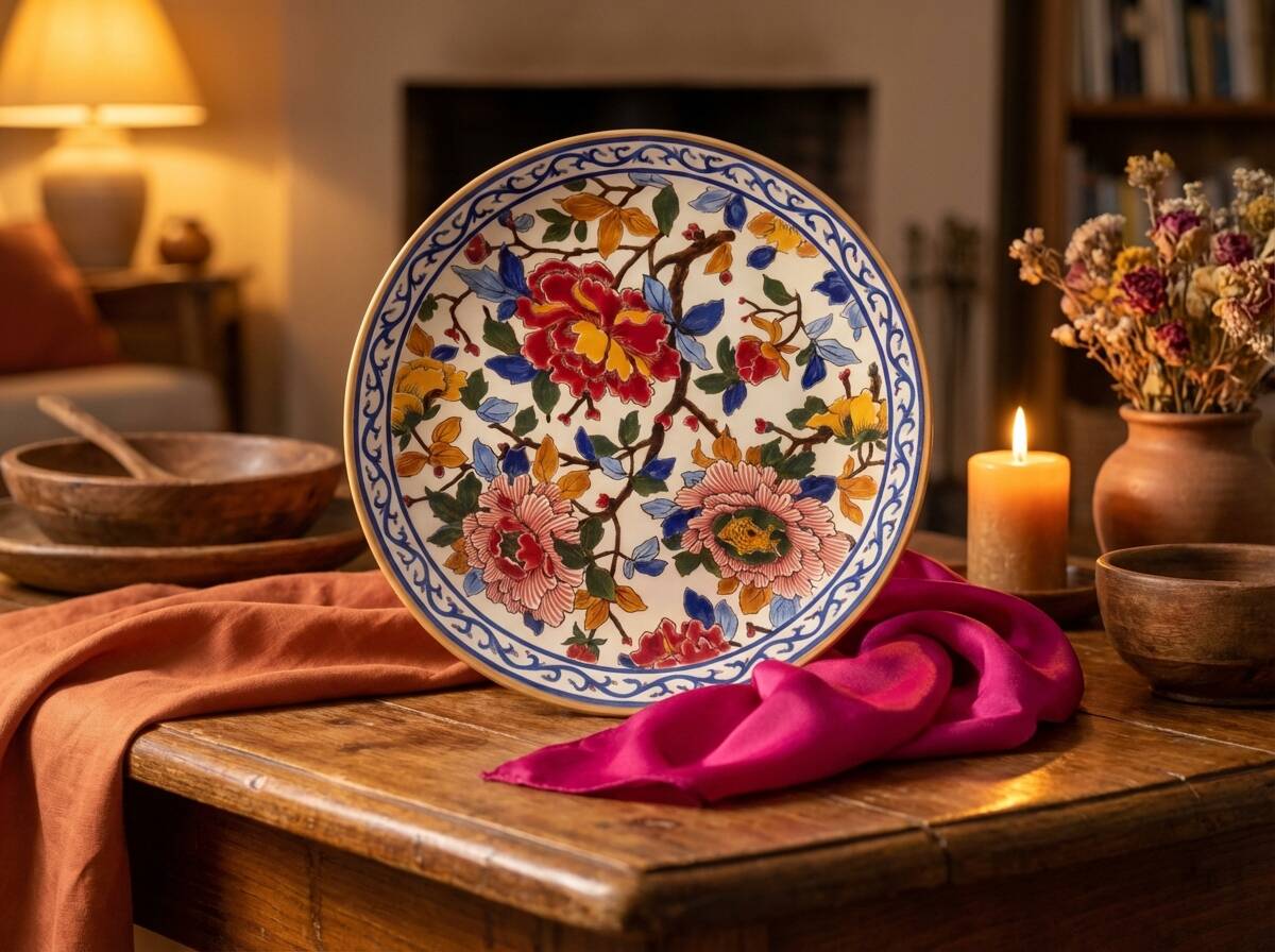 Large decorative plate Gien – French earthenware – multicoloured flowers – Ø 30