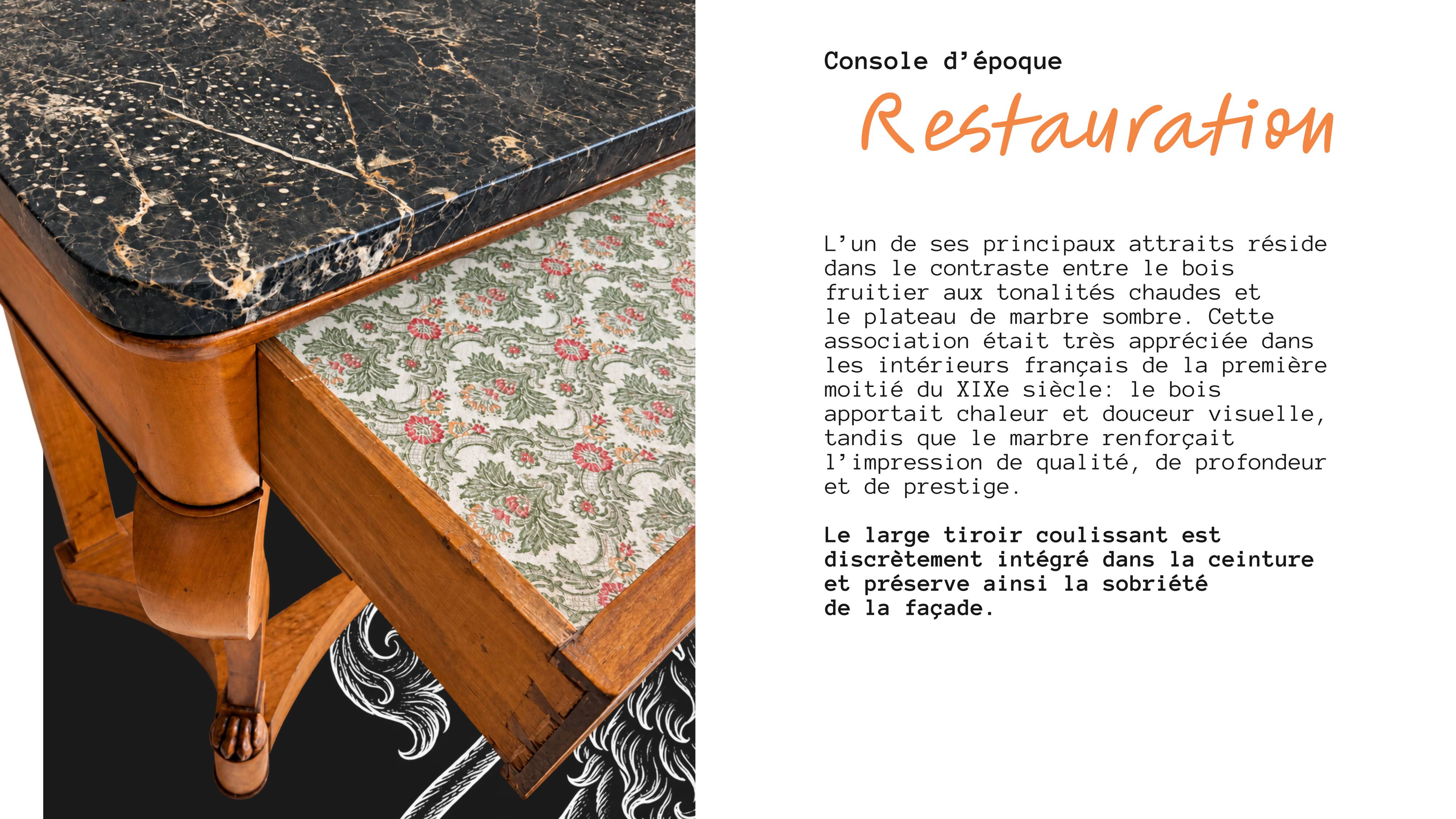 French console from the 19th century in cherry wood and black marble, with claw feet.