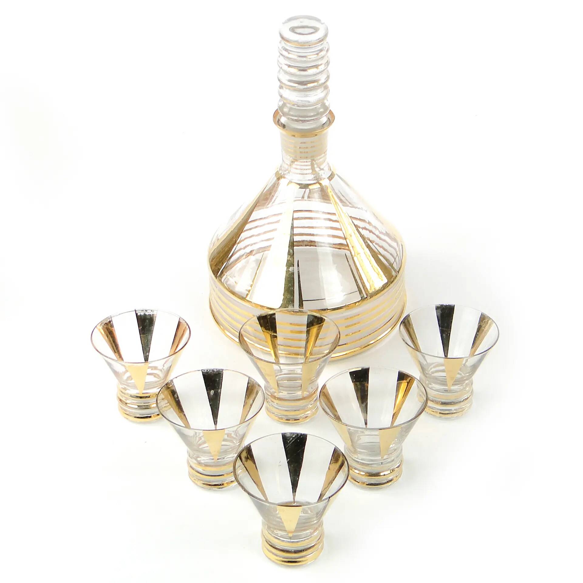 Mid-century modern liqueur set, clear gilded glass, Kamenický Šenov, Czechoslovakia, 1950s