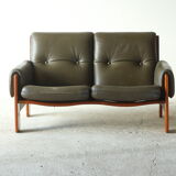 Olive leather two seater sofa, 1970'