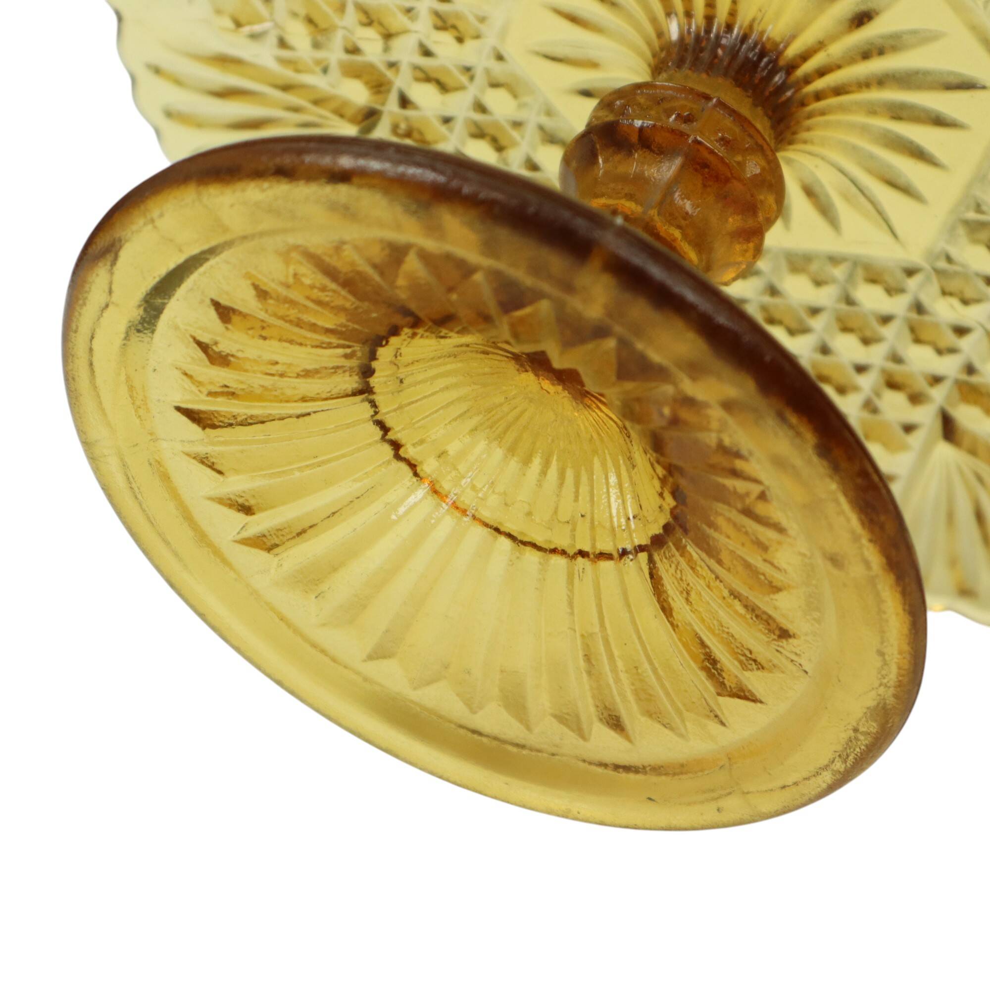 Assiette à gâteau vintage Art déco en verre pressé ambré 30 cm