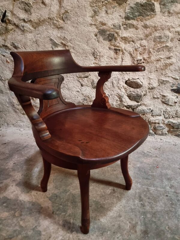 Chaise de bureau ancienne en bois – fauteuil capitaine pivotant – fauteuil en noyer – début 1900
