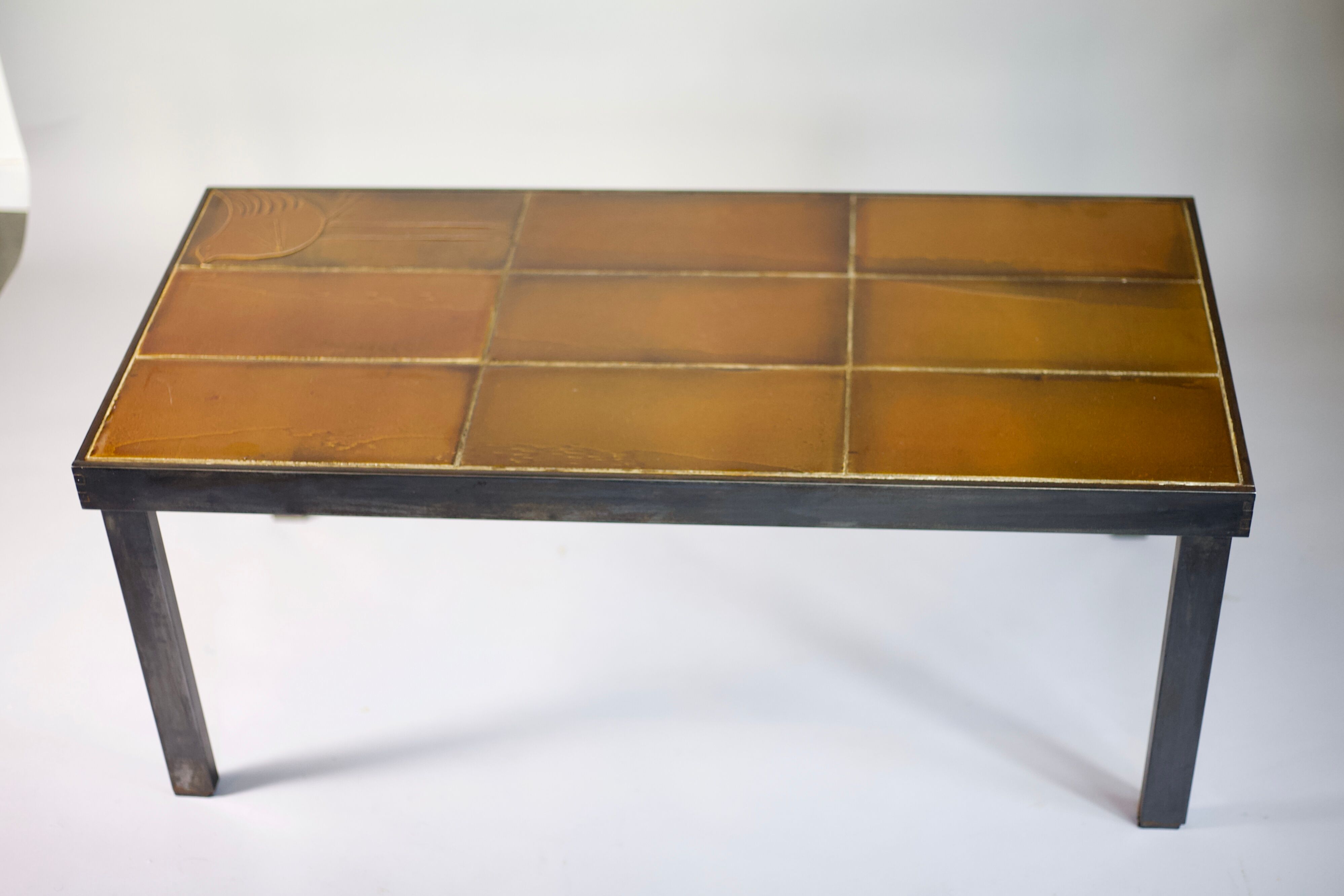 Coffee table signed Roger Capron, steel and ceramic, bird motif