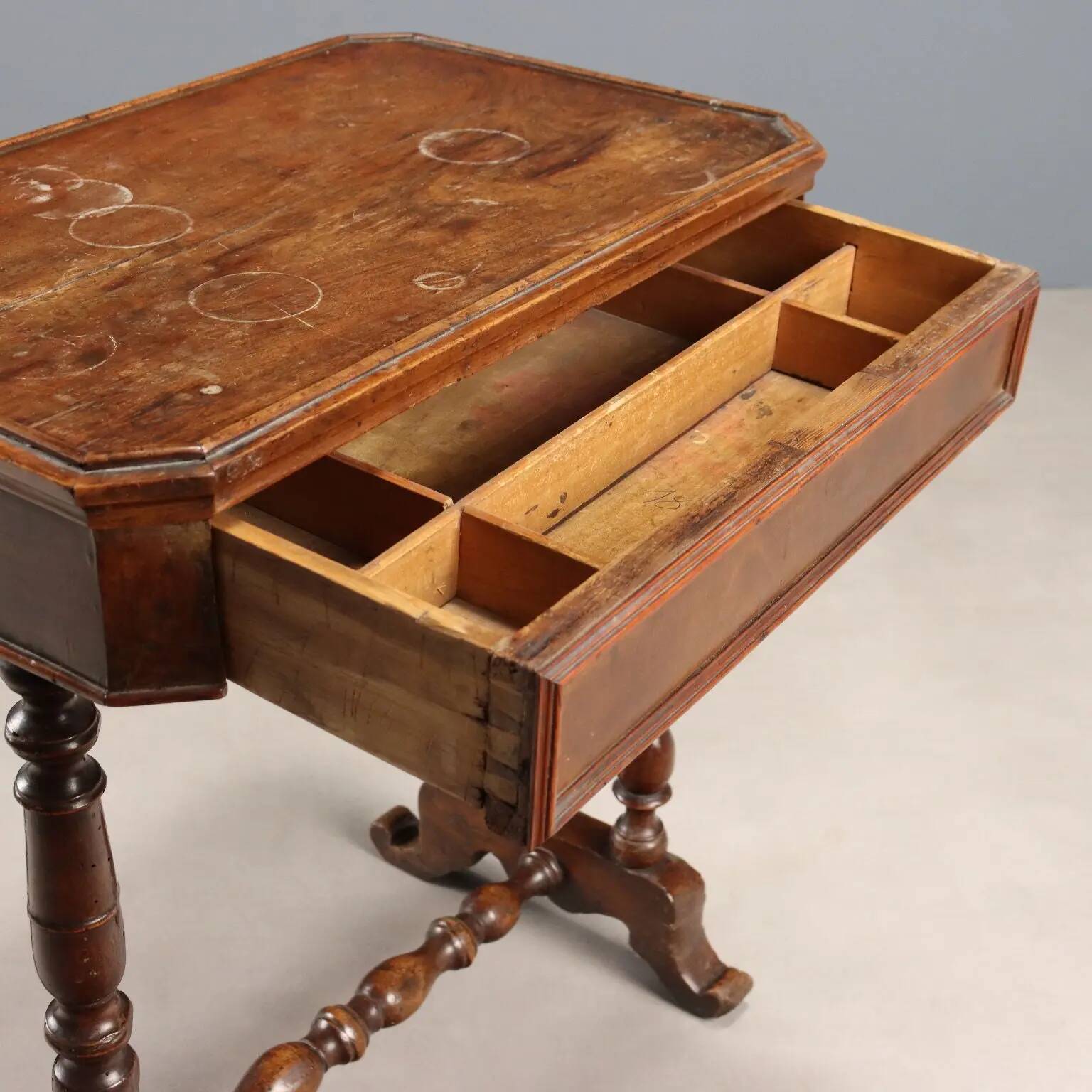 Antique walnut sewing table with drawer, Italy, mid-19th century.