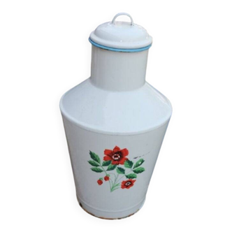 White enamelled metal water jug — 1950s, floral pattern and lid
