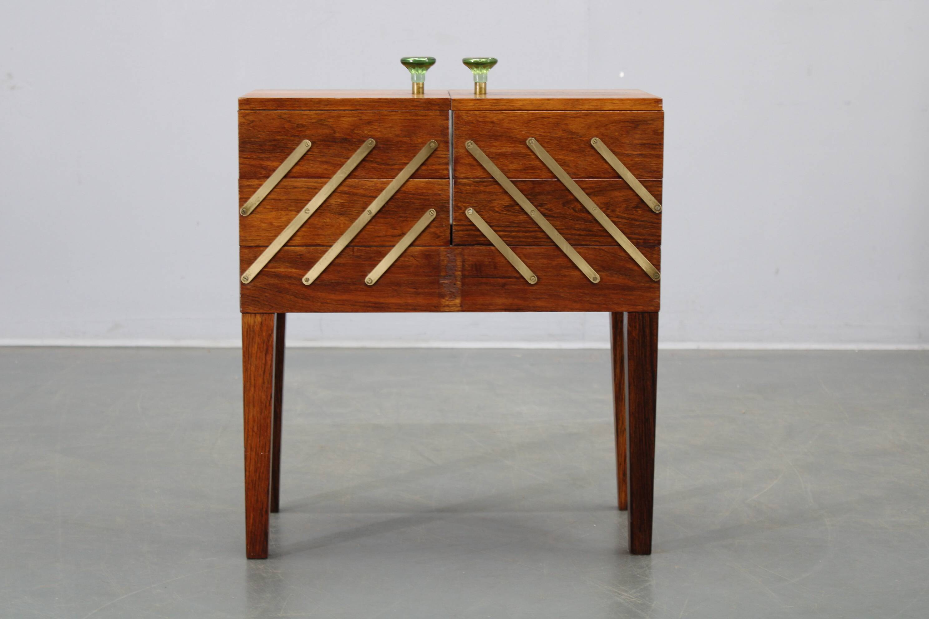 Danish mid-century unfolding sewing box in wood and brass, 1960s