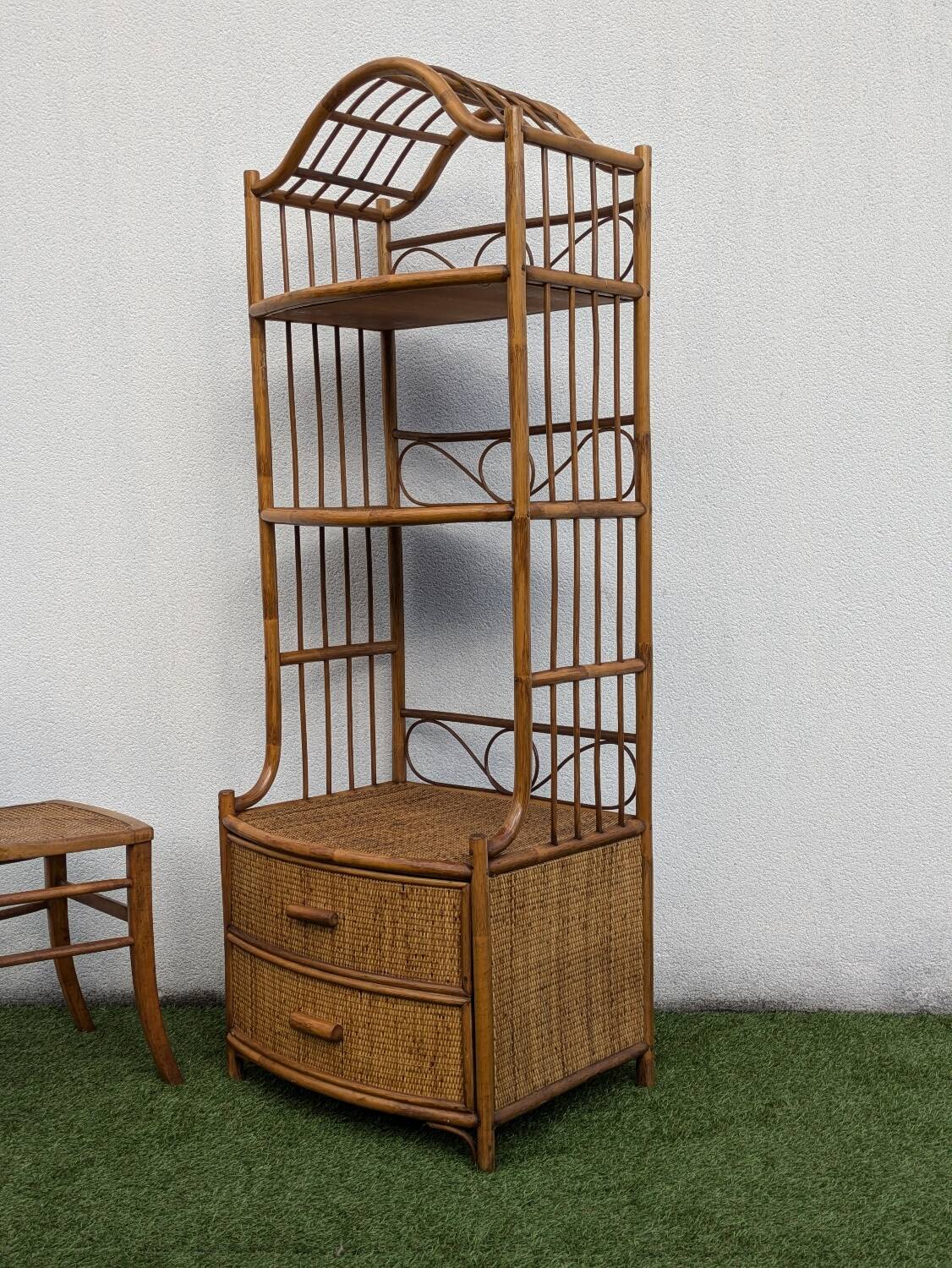 Vintage 1960s Rattan Bamboo Bookcase Shelf Buffet