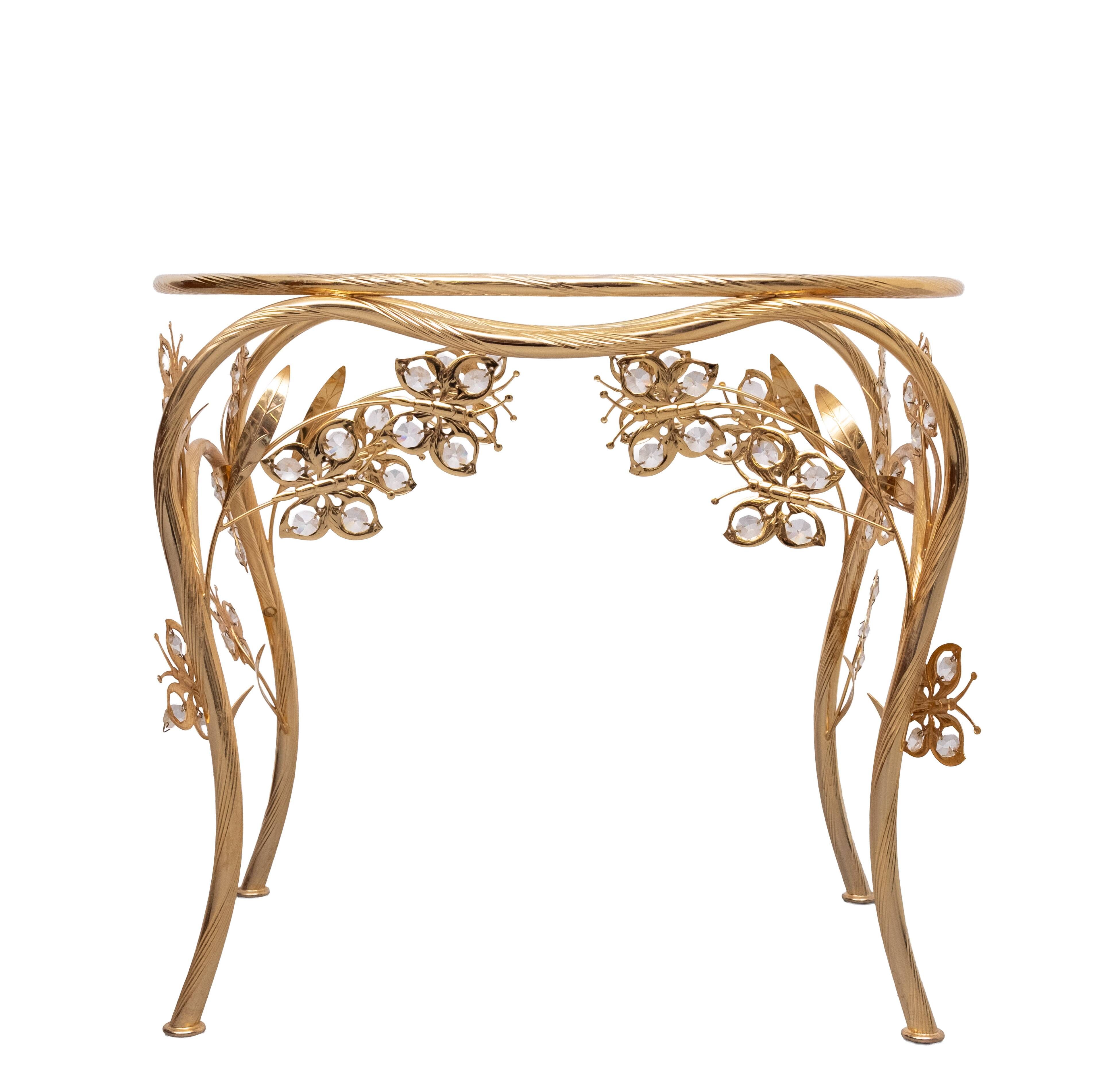 Butterfly brass and Crystal Oval shaped side Table Hollywood Regency 1980s