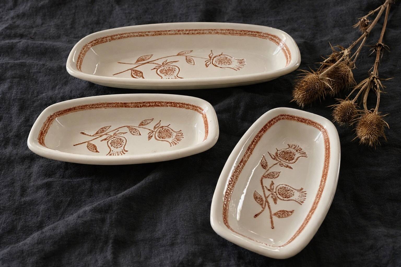 Lot 3 plats céramique vintage chardons